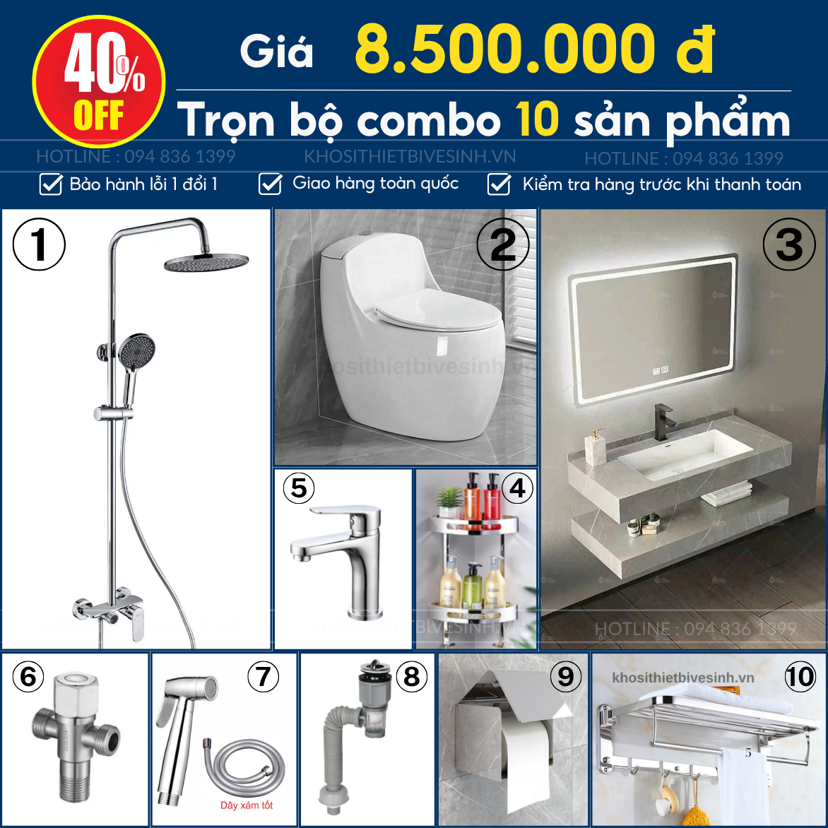 Combo thiết bị vệ sinh 8,5 Triệu 10 sản phẩm XAVANI CB85XVN